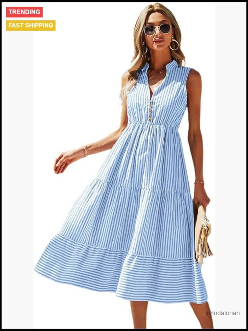 Striped Notched Neck Sleeveless Ruffle A-Line Midi Dress